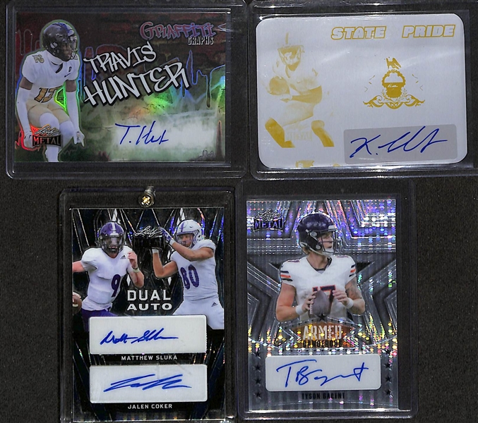 Lot of (13) 2024 Leaf Football Autographs inc. Travis Hunter Rookie (#/10), Keandre Lambert-Smith Rookie (#/1), Matthew Sluka/Jalen Coker duel (#/1), +