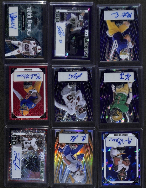 Lot of (13) 2024 Leaf Football Autographs inc. Travis Hunter Rookie (#/10), Keandre Lambert-Smith Rookie (#/1), Matthew Sluka/Jalen Coker duel (#/1), +