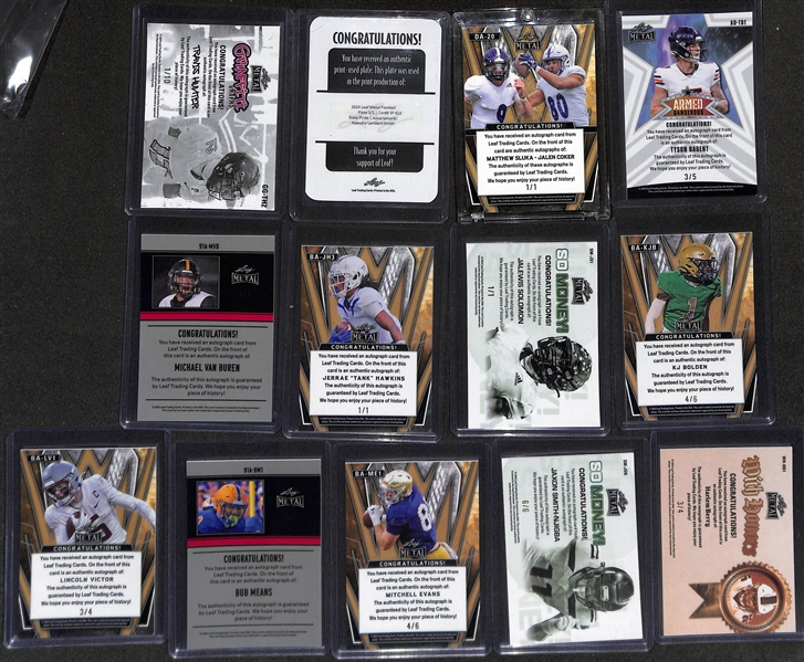 Lot of (13) 2024 Leaf Football Autographs inc. Travis Hunter Rookie (#/10), Keandre Lambert-Smith Rookie (#/1), Matthew Sluka/Jalen Coker duel (#/1), +