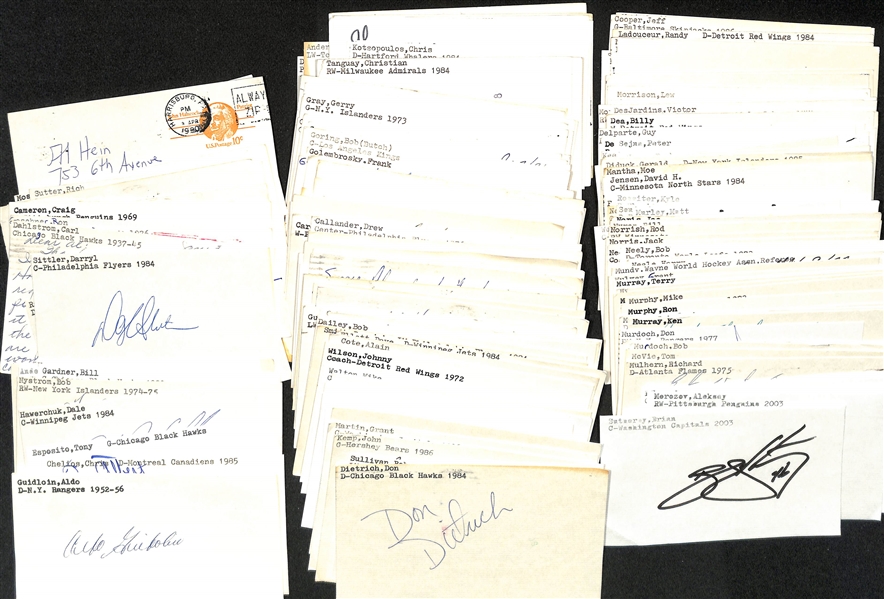 Lot of (150+) Signed Mostly Hockey Index Cards inc. Aldo Guidolin, Chris Chelios, Tony Esposito, Dale Hawerchuk, Bob Nystrom, + (JSA Auction Letter)