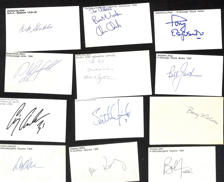 Lot of (150+) Signed Mostly Hockey Index Cards inc. Aldo Guidolin, Chris Chelios, Tony Esposito, Dale Hawerchuk, Bob Nystrom, + (JSA Auction Letter)