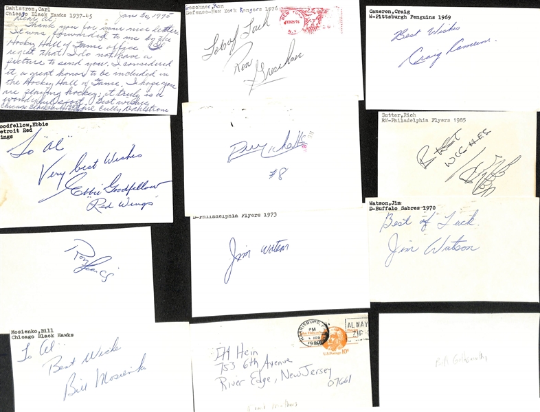 Lot of (150+) Signed Mostly Hockey Index Cards inc. Aldo Guidolin, Chris Chelios, Tony Esposito, Dale Hawerchuk, Bob Nystrom, + (JSA Auction Letter)