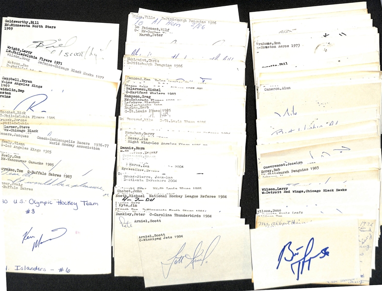 Lot of (200+) Signed Mostly Hockey Index Cards inc. Ken Marrow, Craig Ramsey, Tom Barrasso, Cam Neely, Mike Ramsey, + (JSA Auction Letter)