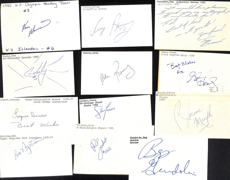 Lot of (200+) Signed Mostly Hockey Index Cards inc. Ken Marrow, Craig Ramsey, Tom Barrasso, Cam Neely, Mike Ramsey, + (JSA Auction Letter)