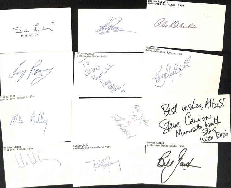 Lot of (225+) Signed Mostly Hockey Index Cards inc. Ted Lindsay, Denis Potvin, Alex Delvecchio, Craig Ramsey, + (JSA Auction Letter)