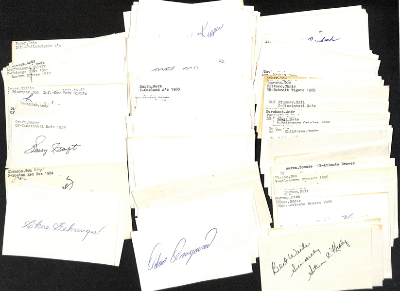 Lot of (100+) Signed Mostly Baseball Index Cards inc. Charles  Gehringer, Monte Irvin, Roger Clemens, Harry Craft, + (JSA Auction Letter)