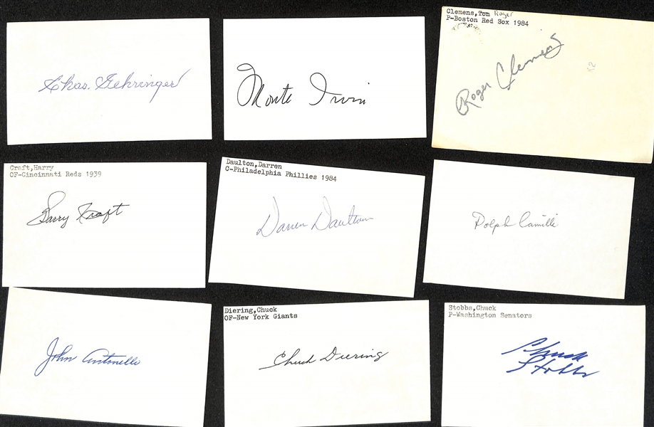 Lot of (100+) Signed Mostly Baseball Index Cards inc. Charles  Gehringer, Monte Irvin, Roger Clemens, Harry Craft, + (JSA Auction Letter)