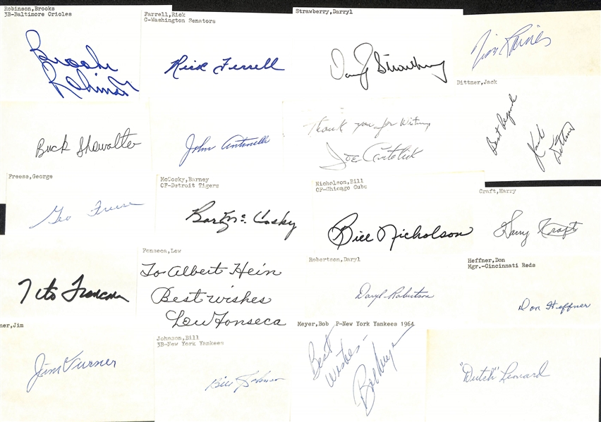 Lot of (150+) Signed Mostly Baseball Index Cards inc. Brooks Robinson, Rick Farrell, Darryl Strawberry, Tim Raines, Buck Showalter, + (JSA Auction Letter)