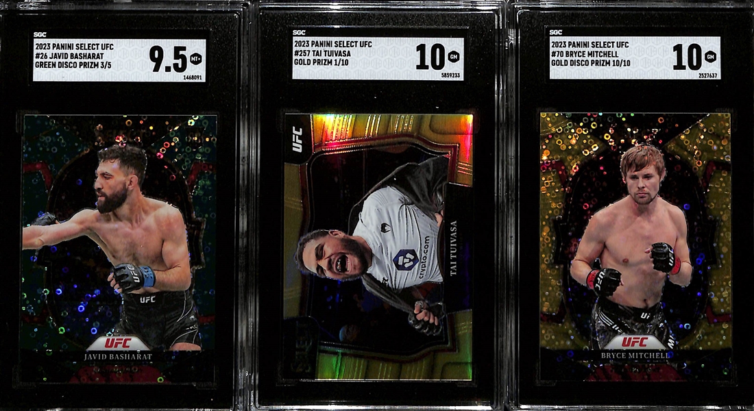 Lot of (3) SGC Graded 2023 Panini Select UFC Cards inc. Javid Basharat #3/5 Green Disco Prizm SGC 9.5