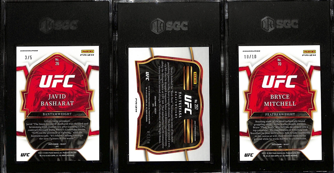 Lot of (3) SGC Graded 2023 Panini Select UFC Cards inc. Javid Basharat #3/5 Green Disco Prizm SGC 9.5