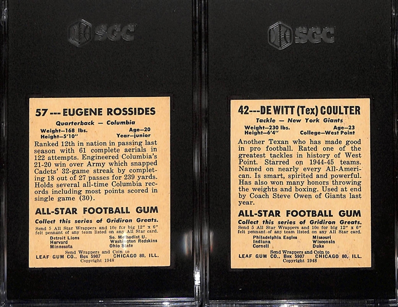 High Grade 1948 Leaf Gum Co. Football Cards - Eugene Rossides Rookie #57 (SGC 7) & DeWitt Tex Coulter (SGC 7)