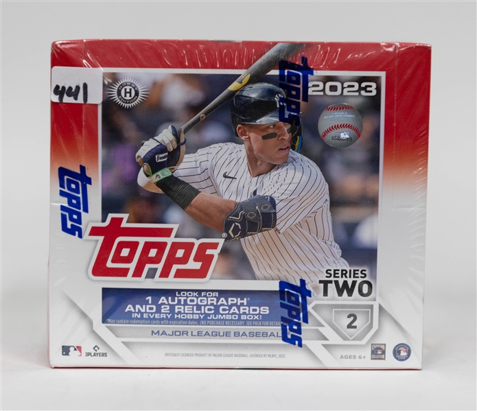 Factory Sealed 2023 Topps Series 2 Baseball Hobby Jumbo Box w. 1 Auto & 2 Relic Cards plus 2 Silver Packs