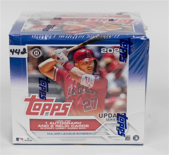 Factory Sealed 2023 Topps Update Series Baseball Hobby Jumbo Box w. 1 Autograph & 2 Relics