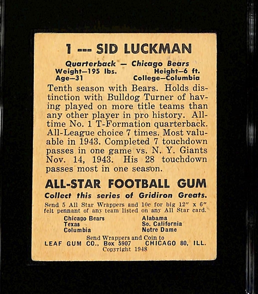 1948 Leaf Gum Co. Sid Luckman Rookie #1 (HOF) Graded SGC 3.5