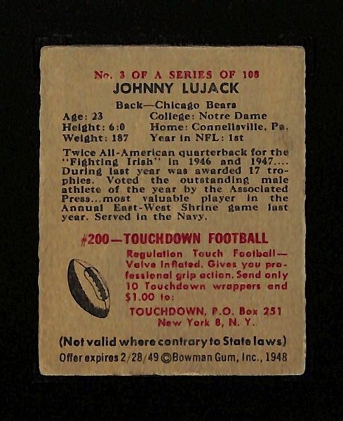 1948 Bowman Football Johnny Lujack Rookie Short-Print Card #3 Graded SGC 3 (1947 Heisman Winner From Notre Dame)