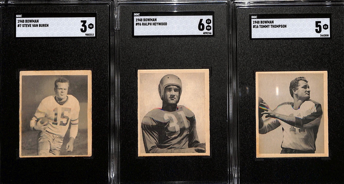 1948 Bowman Rookie Lot - Steve Van Buren - HOF (SGC 3), Ralph Heywood (SGC 6), Tommy Thompson (SGC 5)