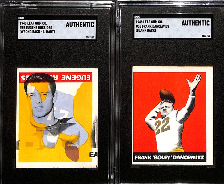 1948 Leaf Football Error Cards - Eugene Rossides/Leon Hart Over-Print Front (w. Hart Back) & Boley Dancewicz Blank Back (Both Graded SGC Authentic)