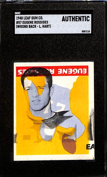 1948 Leaf Football Error Cards - Eugene Rossides/Leon Hart Over-Print Front (w. Hart Back) & Boley Dancewicz Blank Back (Both Graded SGC Authentic)