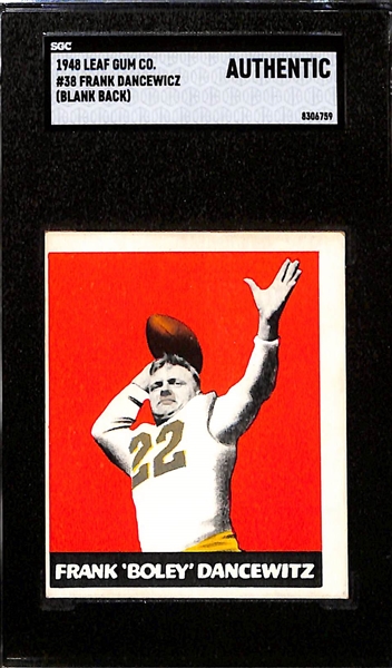 1948 Leaf Football Error Cards - Eugene Rossides/Leon Hart Over-Print Front (w. Hart Back) & Boley Dancewicz Blank Back (Both Graded SGC Authentic)