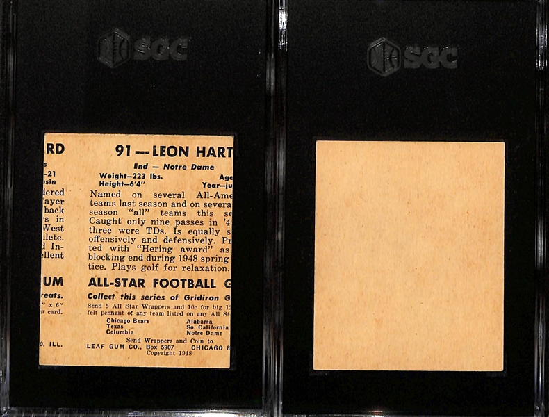 1948 Leaf Football Error Cards - Eugene Rossides/Leon Hart Over-Print Front (w. Hart Back) & Boley Dancewicz Blank Back (Both Graded SGC Authentic)