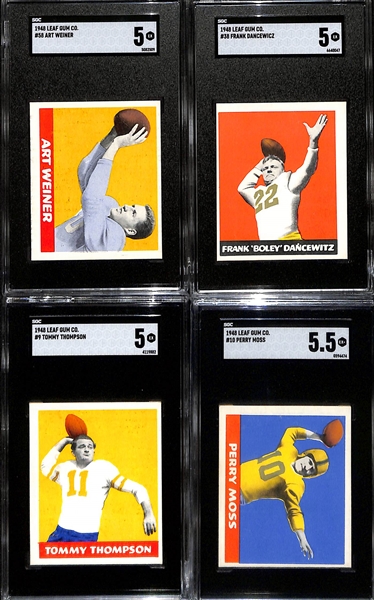 1948 Leaf Football Lot - Art Weiner #58 (SGC 5), Boley Dancewicz (SGC 5), Tommy Thompson (SGC 5), Perry Moss (SGC 5.5)