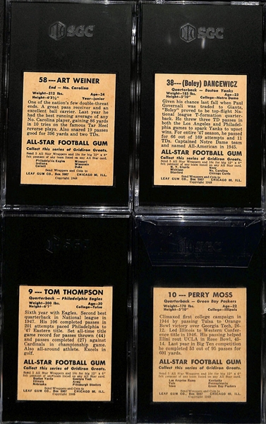 1948 Leaf Football Lot - Art Weiner #58 (SGC 5), Boley Dancewicz (SGC 5), Tommy Thompson (SGC 5), Perry Moss (SGC 5.5)