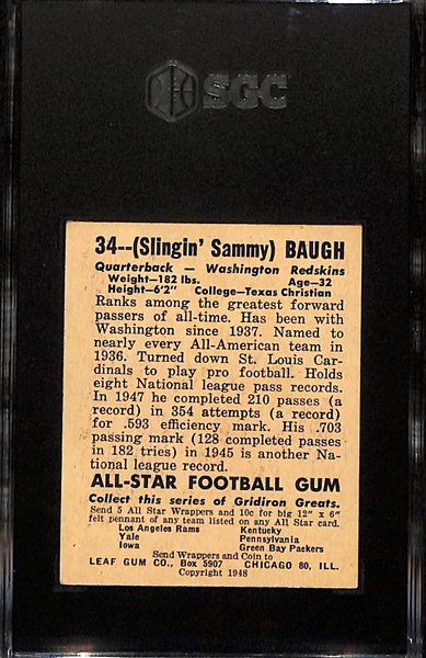 1948 Leaf Gum Co. 'Slingin' Sammy Baugh #34 Rookie (HOF) Graded SGC 5