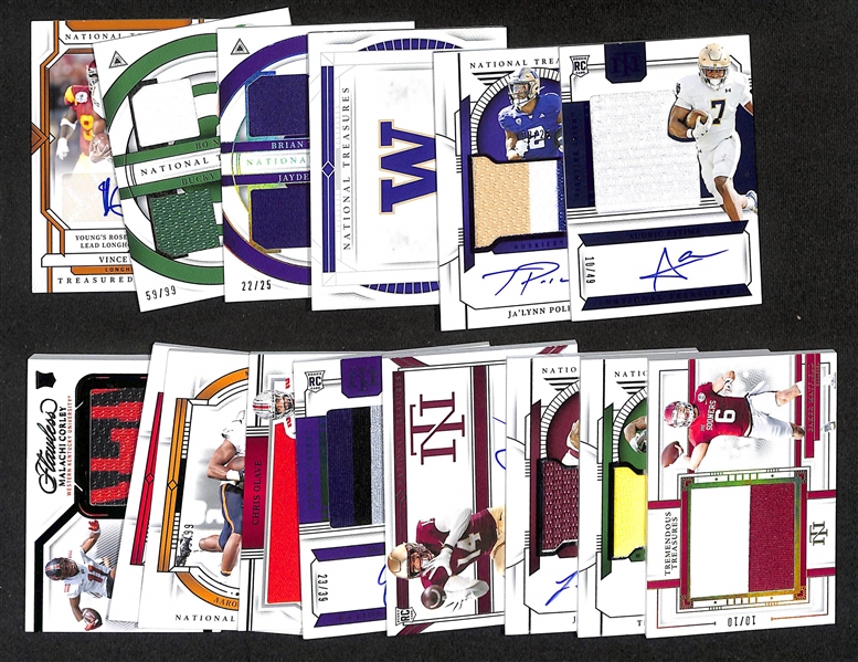 Lot of (15) Mostly 2024 National Treasures Collegiate Cards inc. Audric Estime Rookie Patch Autograph (#/49), Ja'Lynn Polk Rookie Patch Autograph (#/25), +