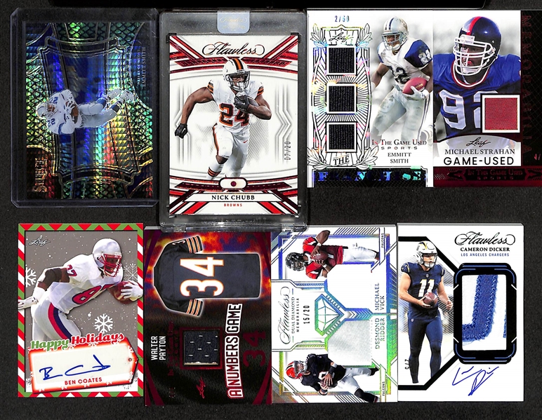 Lot of (8) Football Cards inc. 2023 Flawless Cameron Dicker Patch Autograph (#/5), 2023 Select Emmitt Smith Dragon Scale (#/70), 2023 Flawless Nick Chubb (#/20), +
