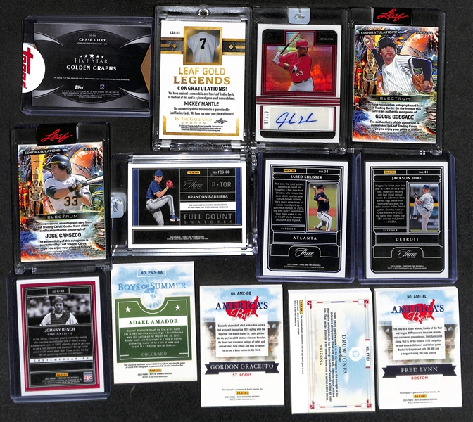 Lot of (13) Baseball Cards inc. 2024 Topps Five Star Chase Utley Autograph (#/40), 2024 Leaf In The Game Used Mickey Mantle Jersey (#/20), 2023 Three and Two Jordan Walker Rookie Autograph (#/10), +