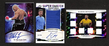 Lot of (3) 2024 Leaf In The Game Used Cards- Mike Tyson Autograph (#/12), Jack Grealish Patch Autograph (#/25), Karim Benzema Patch (#/35)