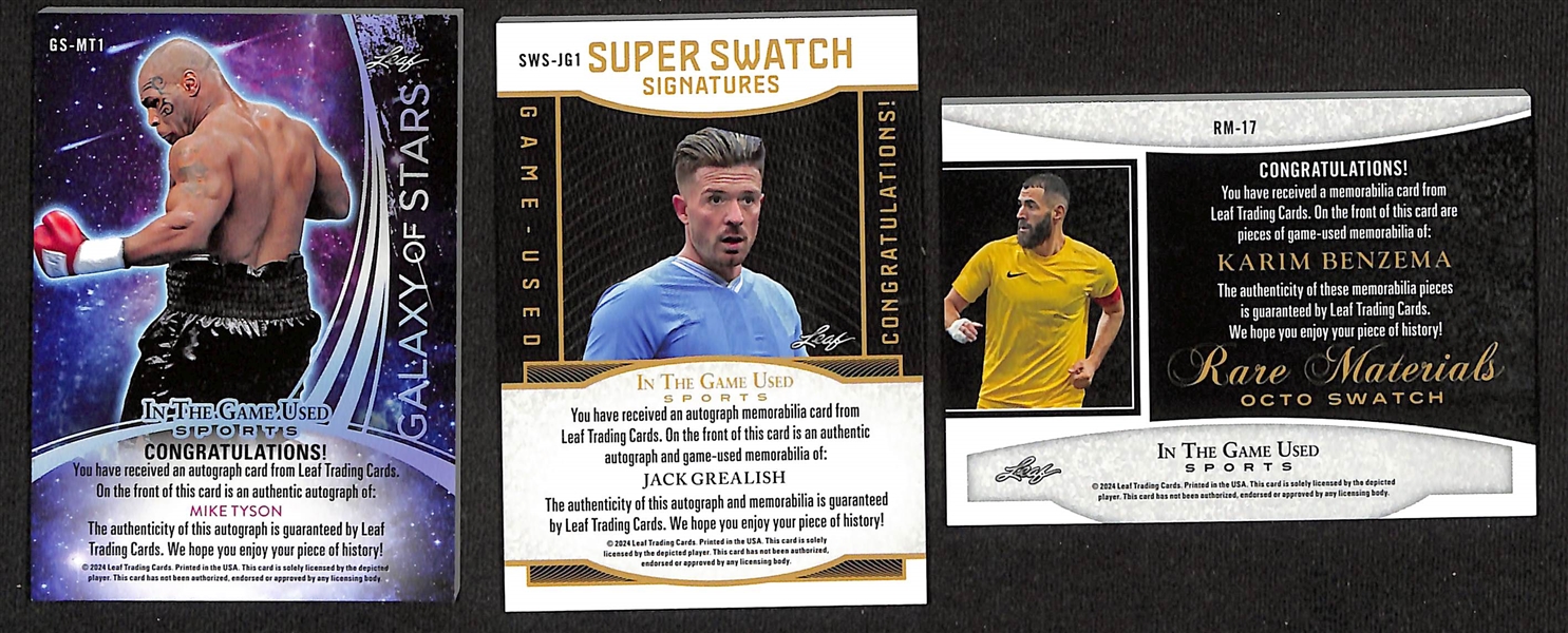 Lot of (3) 2024 Leaf In The Game Used Cards- Mike Tyson Autograph (#/12), Jack Grealish Patch Autograph (#/25), Karim Benzema Patch (#/35)