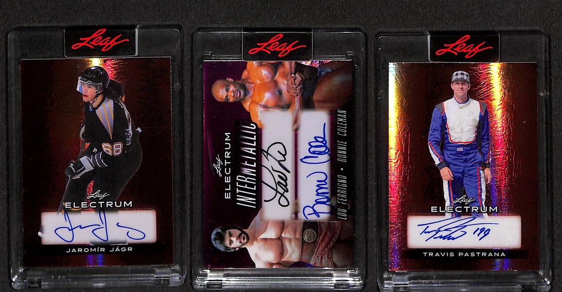 Lot of (3) Leaf Electrum Autographs- Jaromir Jagr (#/20), Lou Ferrigno/Ronnie Coleman (#/4), Travis Pastrana (#/20)