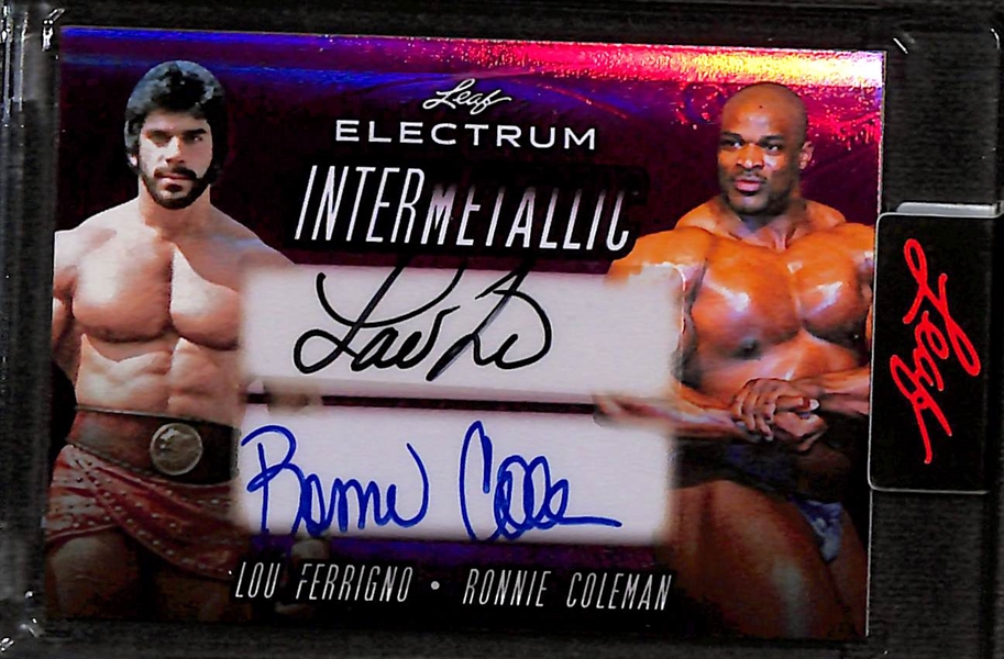Lot of (3) Leaf Electrum Autographs- Jaromir Jagr (#/20), Lou Ferrigno/Ronnie Coleman (#/4), Travis Pastrana (#/20)
