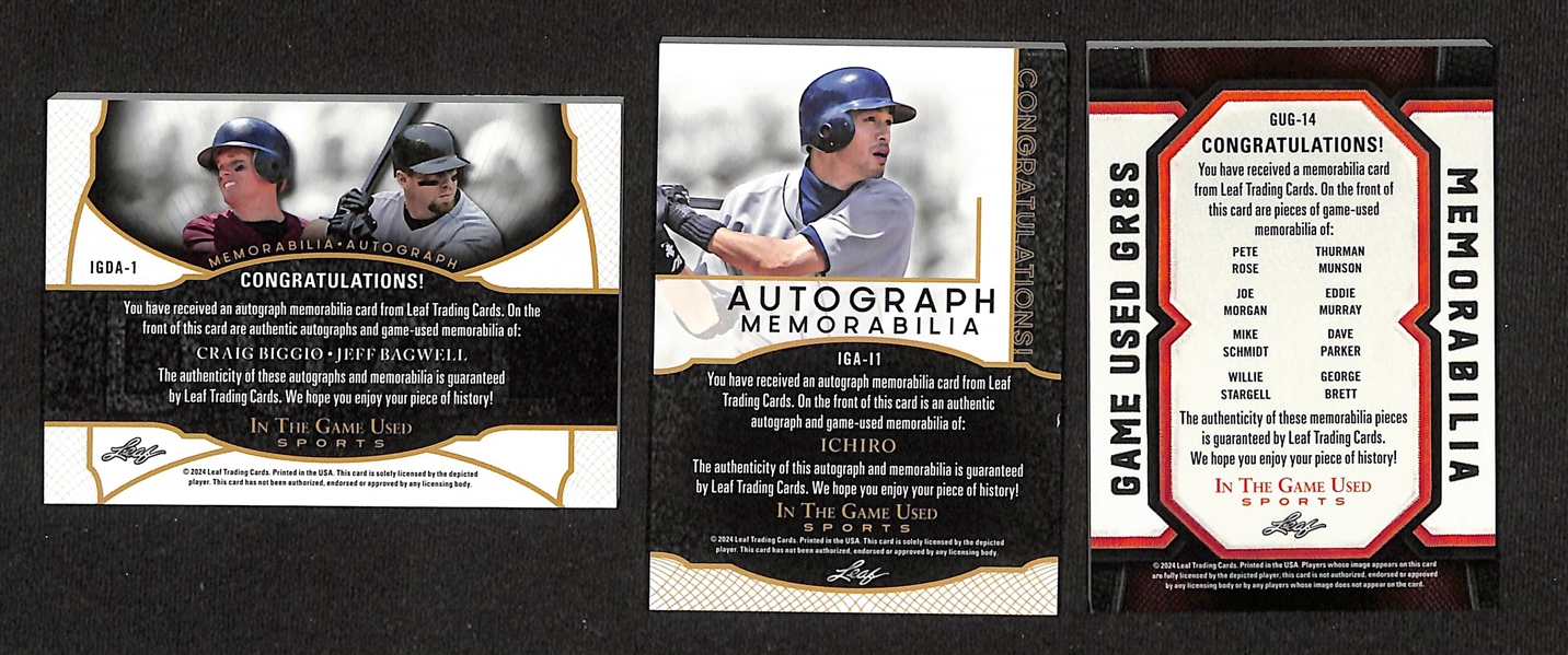 Lot of (3) 2024 Leaf In The Game Used Cards - Craig Biggio/Jeff Bagwell Autograph Patch (#/25), Ichiro Patch Autograph (#/8), Rose/Morgan/Schmidt/Stargell/Munson/Murray/Parker/Brett Relic (#/15)