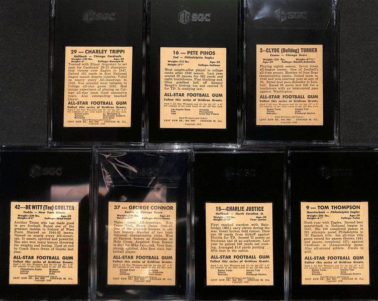 (7) High-Quality 1948 Leaf Football Cards - Charley Trippi (SGC 6), Pete Pihos (SGC 5), Bulldog Turner (SGC 5), DeWitt Coulter (SGC 7), George Connor (SGC 5), Tommy Thompson (SGC 6), Choo Choo...
