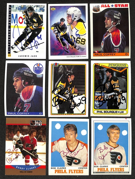 300+ Signed Hockey Cards w. (2) Jaromir Jagr, (2) Paul Coffey, (2) Phil Bourque, (3) Clarke, (5) Mike Ramsey, (4) Billy Smith, + (JSA Auction Letter)