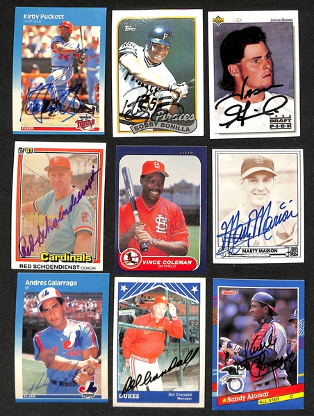 200+ Signed Baseball Cards w. Kirby Puckett, Bobby Bonilla, Jason Giambi, Red Schoendienst, Vince Coleman, Marty Marion, Andres Galarraga, Del Crandell, + (JSA Auction Letter)