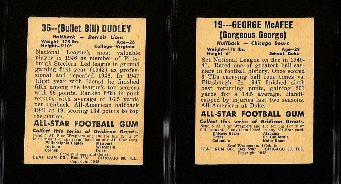1948 Leaf Football HOF Rookie Lot - George McAfee #19 (SGC 4.5) and Bullet Bill Dudley #36 (SGC 4.5)