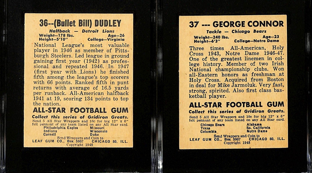 1948 Leaf Football HOF Rookie Lot - George Connor #37 (SGC 4.5) and Bullet Bill Dudley #36 (SGC 4.5)
