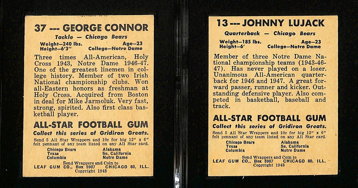 1948 Leaf Football HOF Rookie Lot - George Connor #37 (SGC 4.5) and Johnny Lujack #13 (SGC 4)