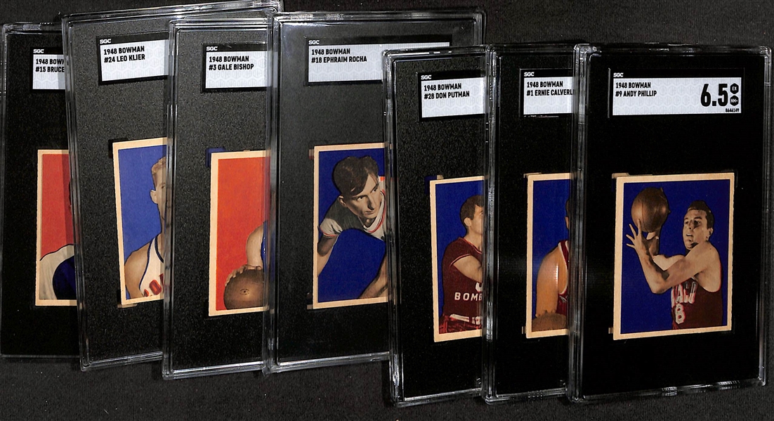 (7) High-Quality 1948 Bowman Basketball Cards - Andy Philip HOF Rookie #9 (SGC 6.5), Ernie Calverley Rookie #1 (SGC 6), Don Putman #28 (SGC 7), Ephraim Rocha #18 (SGC 6), Gale Bishop #3 (SGC 6.5),...