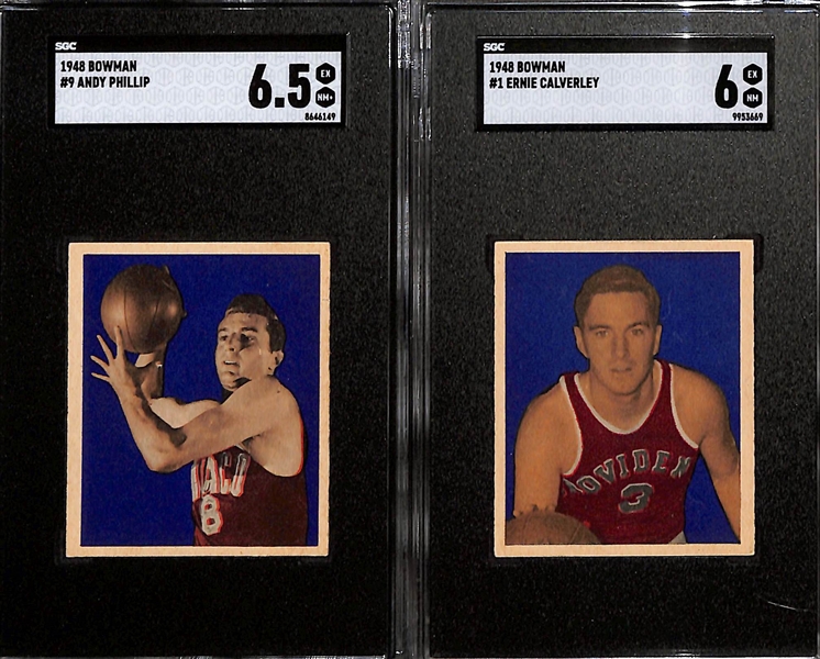 (7) High-Quality 1948 Bowman Basketball Cards - Andy Philip HOF Rookie #9 (SGC 6.5), Ernie Calverley Rookie #1 (SGC 6), Don Putman #28 (SGC 7), Ephraim Rocha #18 (SGC 6), Gale Bishop #3 (SGC 6.5),...