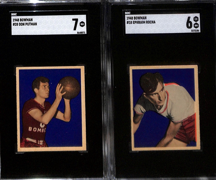 (7) High-Quality 1948 Bowman Basketball Cards - Andy Philip HOF Rookie #9 (SGC 6.5), Ernie Calverley Rookie #1 (SGC 6), Don Putman #28 (SGC 7), Ephraim Rocha #18 (SGC 6), Gale Bishop #3 (SGC 6.5),...