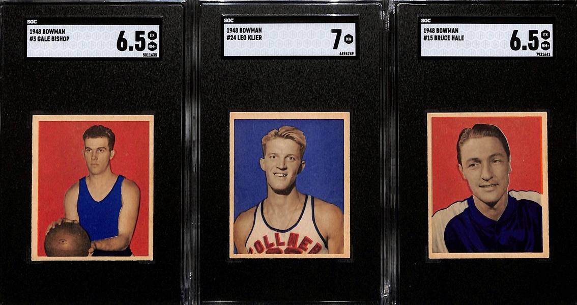 (7) High-Quality 1948 Bowman Basketball Cards - Andy Philip HOF Rookie #9 (SGC 6.5), Ernie Calverley Rookie #1 (SGC 6), Don Putman #28 (SGC 7), Ephraim Rocha #18 (SGC 6), Gale Bishop #3 (SGC 6.5),...