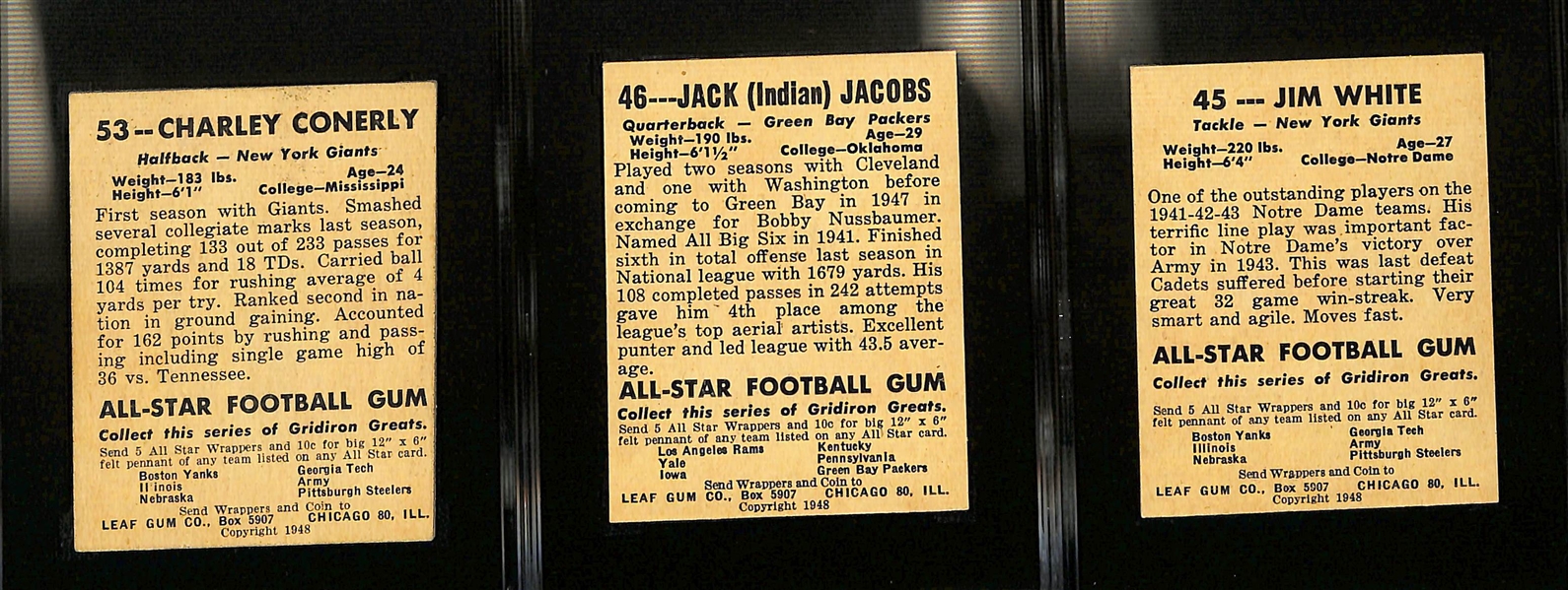 1948 Leaf Lot of (3) - Charley Conerly Rookie, Indian Jack Jacobs, & Jim White - Each Graded Authentic (Undersized)