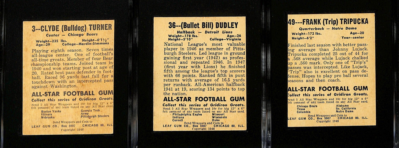 1948 Leaf Lot of (3) - Bullet Bill Dudley HOF Rookie (SGC 3), Clyde Bulldog Turner HOF Rookie (SGC Authentic), Frank Tripucka Rookie (SGC Authentic) 