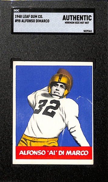 4-Card 1948-1949 Leaf Lot - Inc. (3) 1948 Leaf Cards Bullet Bill Dudley HOF Rookie #36 (SGC 2.5), Al DiMarco Rookie #98 (SGC Authentic), Johnny Clement #47 (SGC Authentic); and 1949 George McAfee...