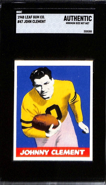 4-Card 1948-1949 Leaf Lot - Inc. (3) 1948 Leaf Cards Bullet Bill Dudley HOF Rookie #36 (SGC 2.5), Al DiMarco Rookie #98 (SGC Authentic), Johnny Clement #47 (SGC Authentic); and 1949 George McAfee...