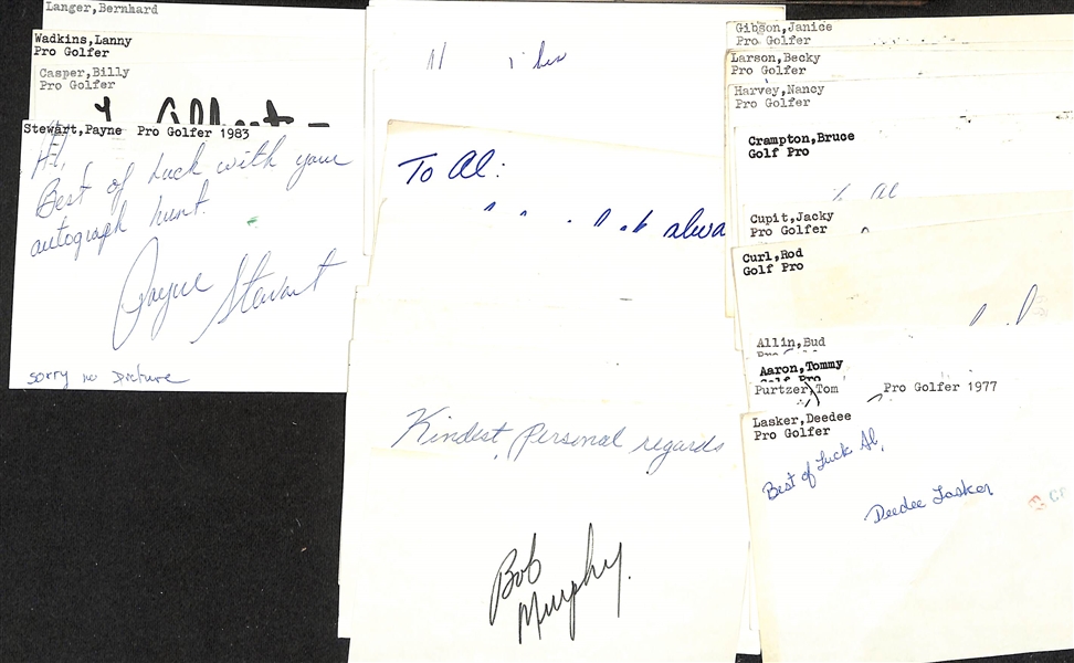 Lot of (25+) Mostly Signed Golf Index Cards w. Payne Stewart (JSA Auction Letter)